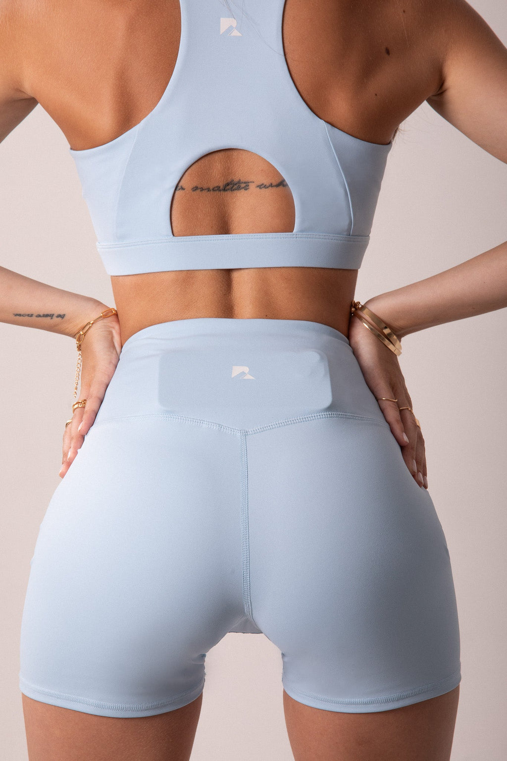 Women's Sculpting Workout Shorts 5 Inch - Baby Blue | Criss-Cross Waistband with Pocket