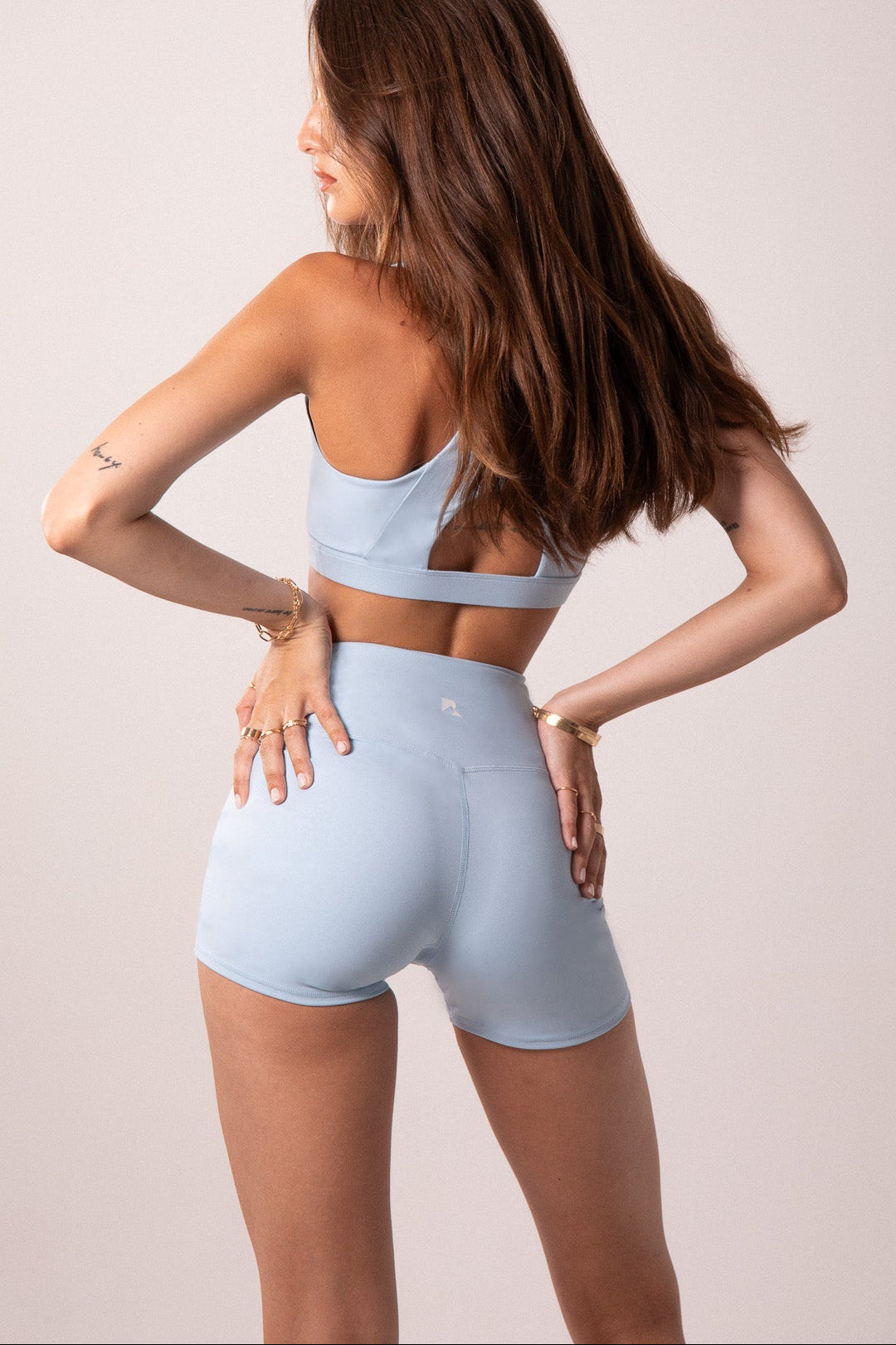 Women's Sculpting Workout Shorts 5 Inch - Baby Blue | Criss-Cross Waistband with Pocket