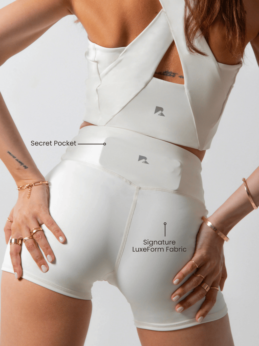Women's Sculpting Workout Shorts 5 Inch - Beige | Criss-Cross Waistband with Pocket