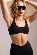 Women's Strappy Open-Back Sports Bra - Black | Scoop Neckline Medium Support